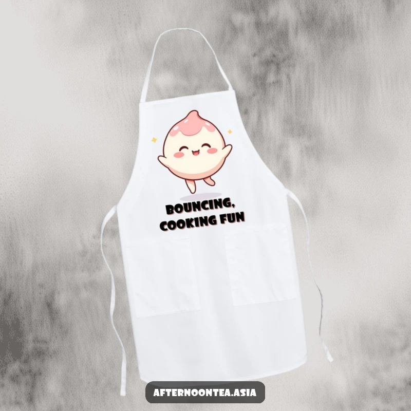 Funny kawaii mochi character playfully bouncing, a cute and functional apron for a happy chef, a gift.