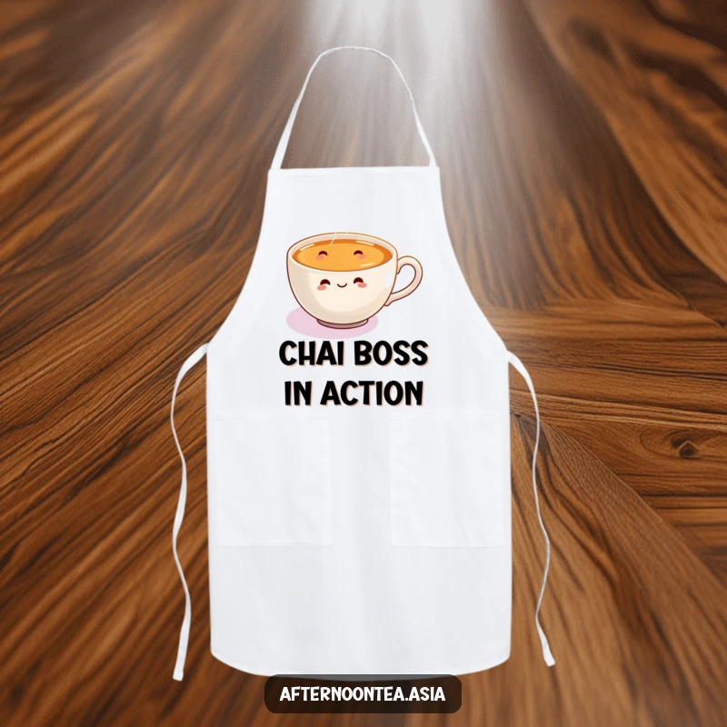 Funny Apron depicting a happy steaming chai cup with tiny, joyful steam swirls dancing energetically.