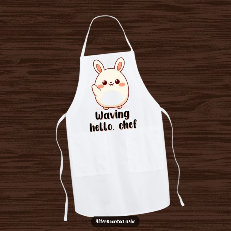 Funny kawaii bao bun character giving a friendly little wave, a cute and functional apron for a happy kitchen, a gift.