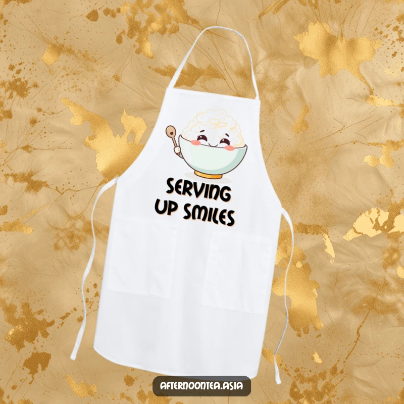 Funny Kawaii Rice Bowl Apron: A cute character smiling broadly, perfect for cooking and as a funny gift.