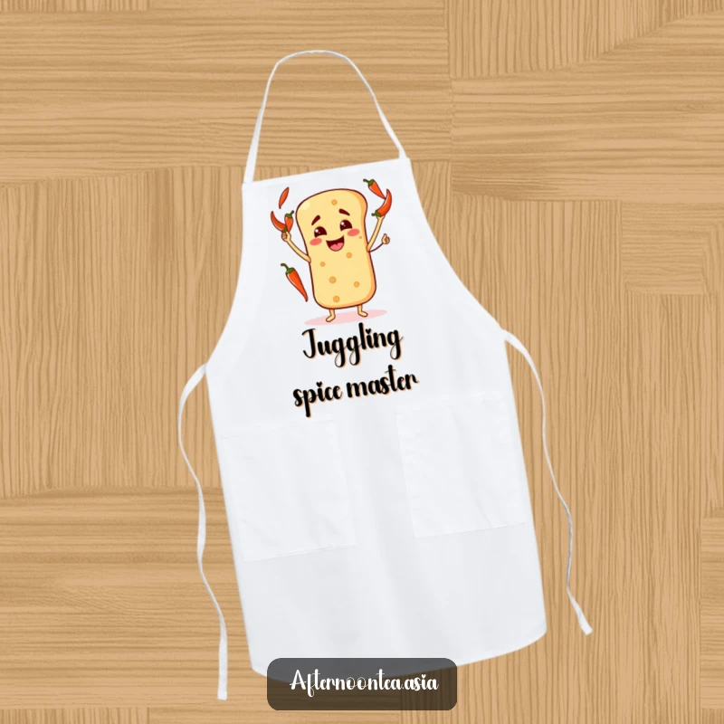 Funny Apron featuring a happy naan bread character skillfully juggling chili peppers while cooking.