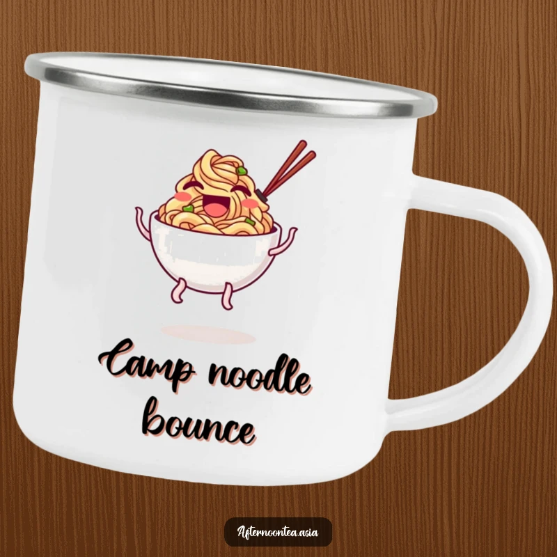 Funny Camping Mug with a laughing bowl of noodles with wobbly legs doing a happy bounce.