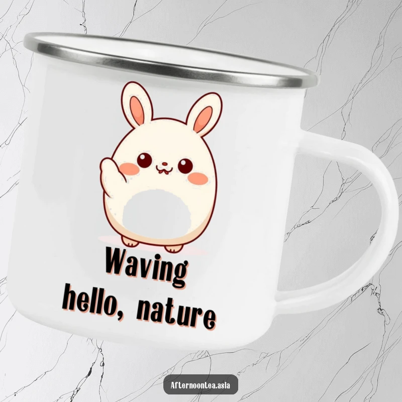 Funny kawaii bao bun character giving a friendly little wave, perfect for outdoor greetings on this camping mug, a gift.