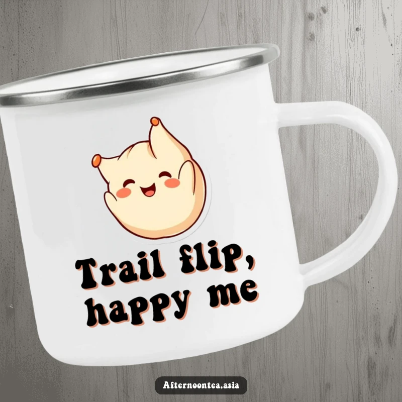 Funny kawaii dumpling character doing a cheerful somersault, perfect for outdoor fun on this sturdy camping mug, a gift.