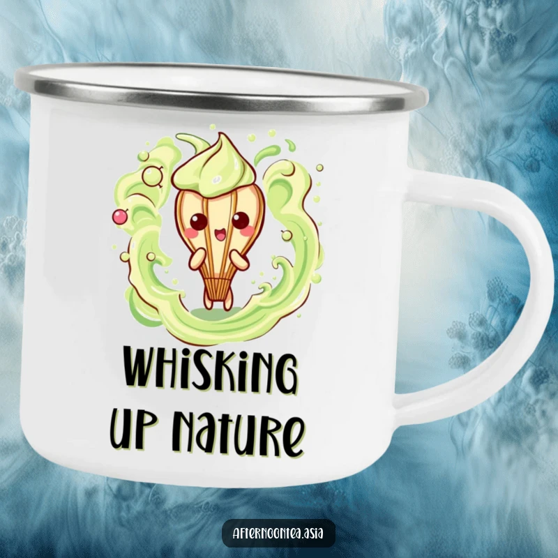 Funny Kawaii Matcha Whisk Camping Mug: A cute character creating frothy art, ideal for outdoor fun and as a funny gift.