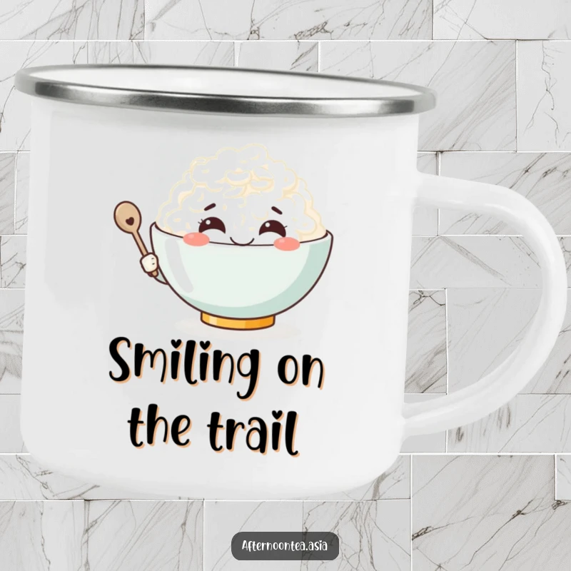 Funny Kawaii Rice Bowl Camping Mug: A cute character smiling broadly, ideal for outdoor fun and as a funny gift.