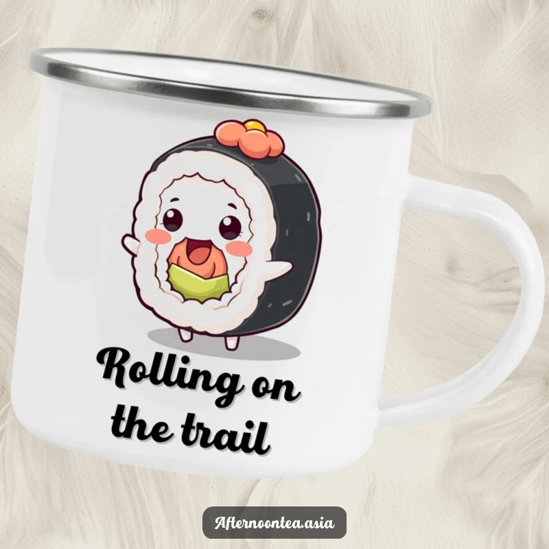 Funny Kawaii Sushi Roll Camping Mug: A cute character wiggling outdoors, perfect for camping and as a funny gift.