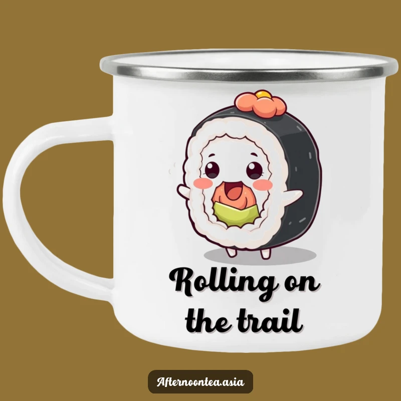 Funny Kawaii Sushi Roll Camping Mug: Wiggle by the Fire, Adventurous Gift