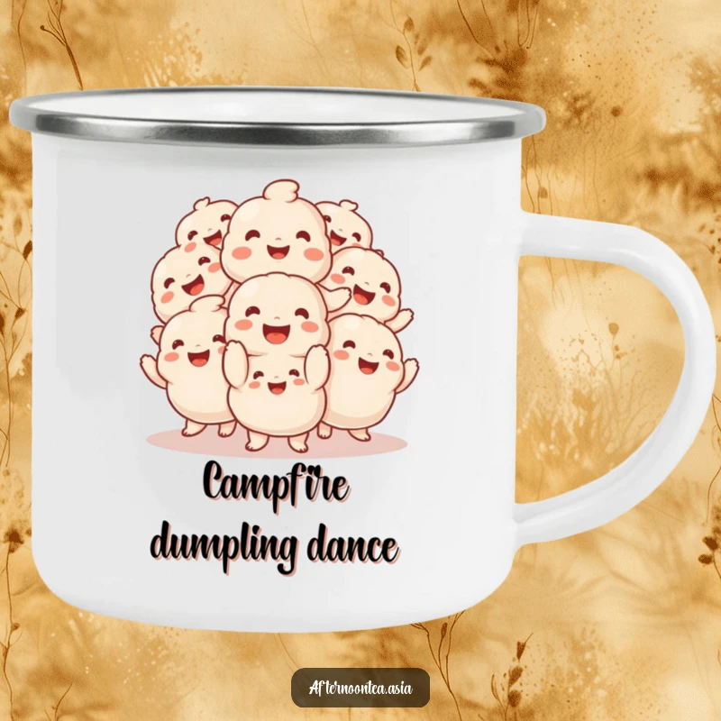 Funny Camping Mug with a smiling pile of fluffy dumplings performing a cheerful jig.