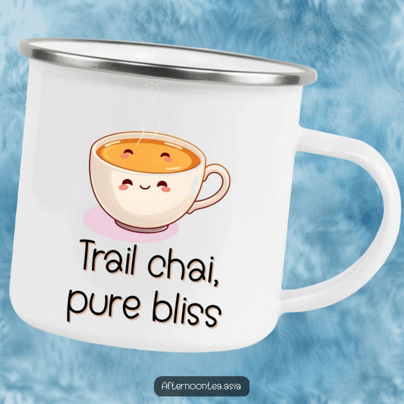 Funny Camping Mug with a happy steaming chai cup and tiny, joyful steam swirls dancing around.