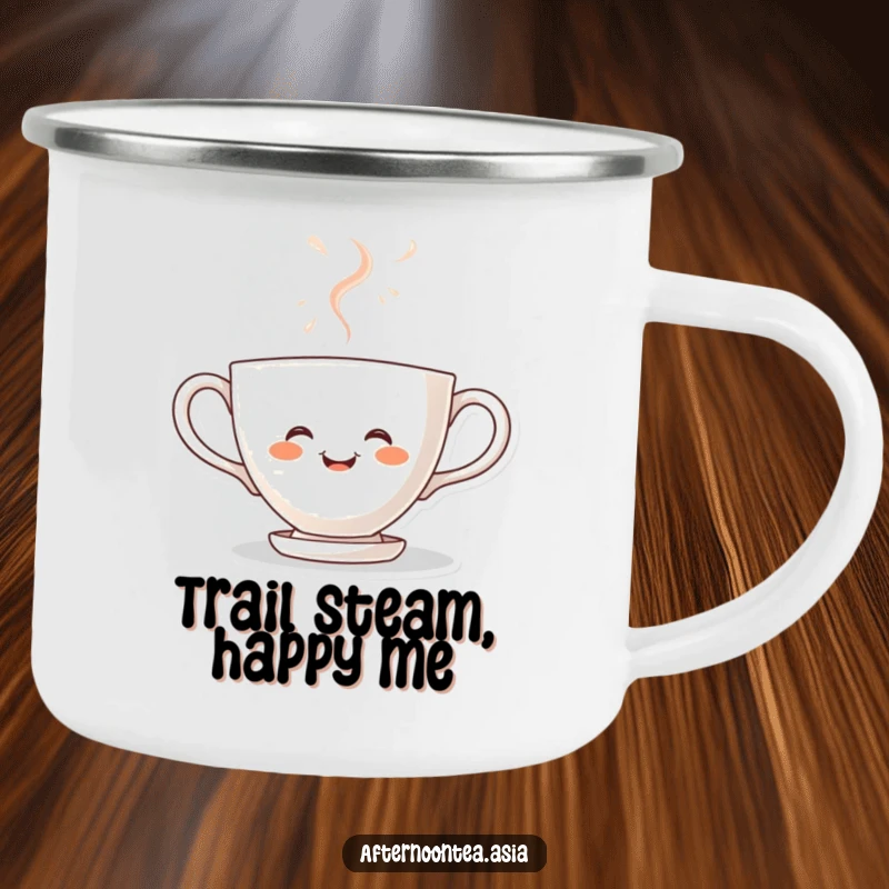Funny kawaii teacup character steaming with joy, perfect for outdoor adventures on this sturdy camping mug, a gift.