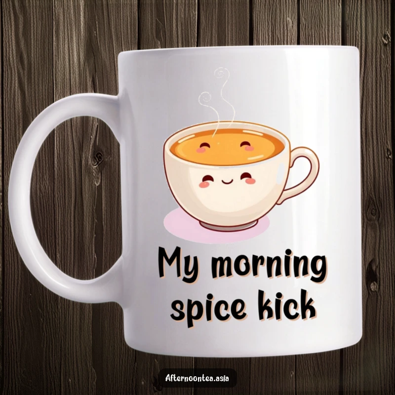 Funny Mug showcasing a happy steaming chai cup with tiny, joyful steam swirls dancing playfully.