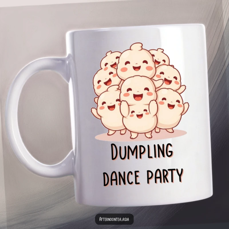 Funny Mug showing a smiling pile of fluffy dumplings doing a cheerful and playful jig.