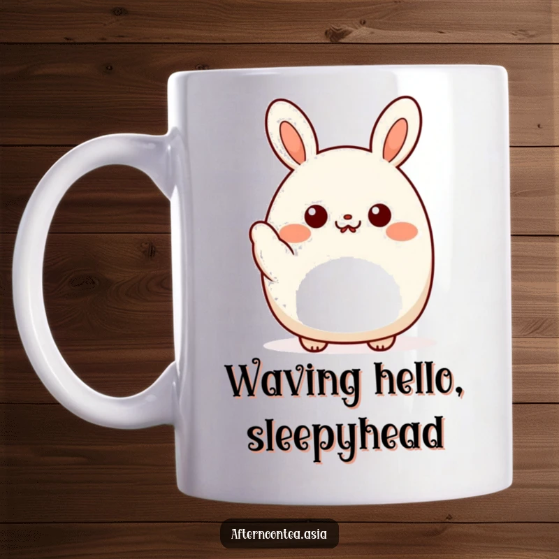 Funny kawaii bao bun character giving a friendly little wave, exuding happiness on this delightful mug, a great gift.
