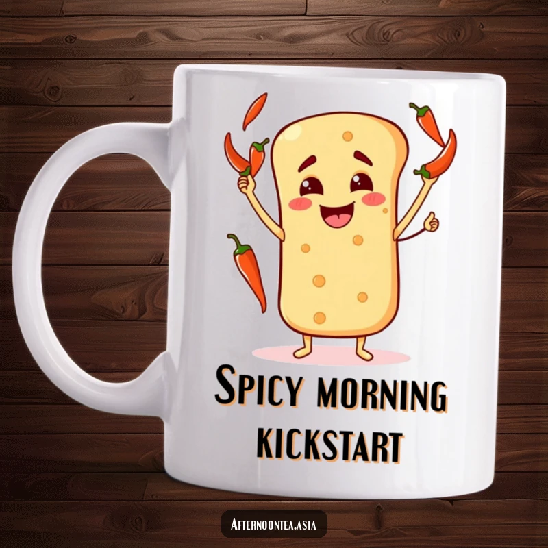 Funny Mug showcasing a happy naan bread character cheerfully juggling spicy chili peppers.
