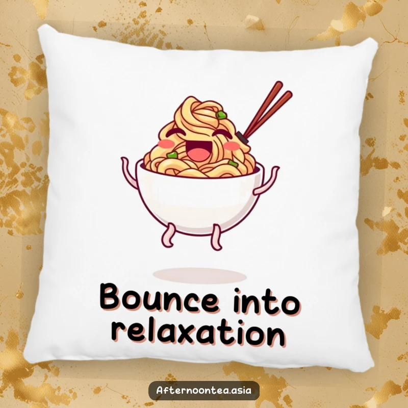 Funny Pillow featuring a laughing bowl of noodles with wobbly legs doing a cute and merry bounce.