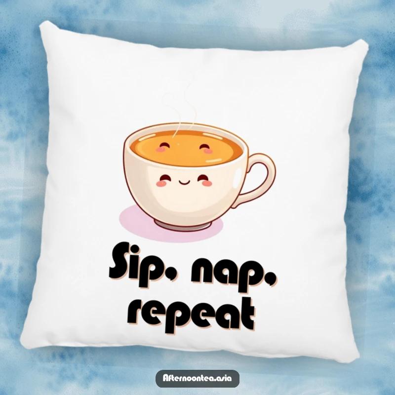 Funny Pillow with a happy steaming chai cup and tiny, joyful steam swirls dancing merrily.
