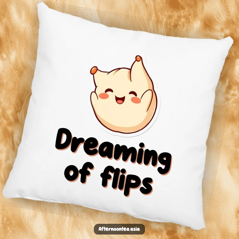 Funny kawaii dumpling character doing a cheerful somersault, soft and cuddly on this comfortable pillow, a delightful gift.