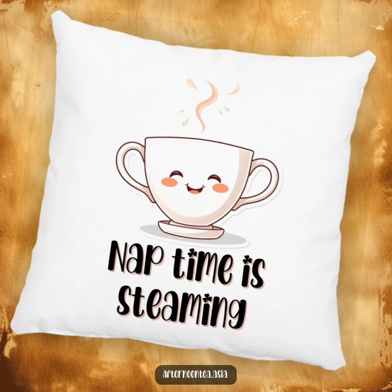 Funny kawaii teacup character steaming with joy, soft and cuddly on this comfortable pillow, a delightful gift.