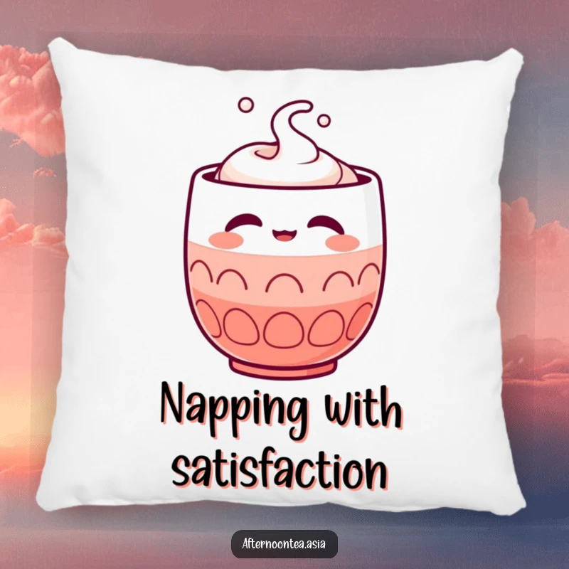 Funny Kawaii Sake Cup Pillow: A cute character expressing satisfaction, perfect for soft comfort and as a funny gift.