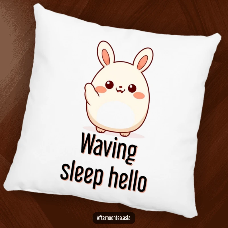 Funny kawaii bao bun character giving a friendly little wave, soft and cuddly on this comfortable pillow, a delightful gift.