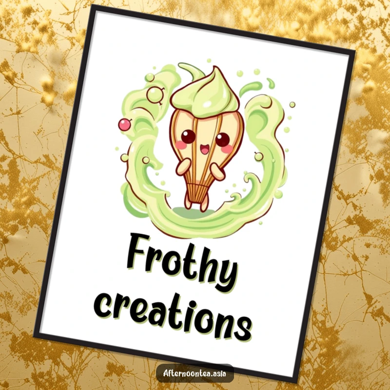 Funny Kawaii Matcha Whisk Digital Art Print: A cute character creating frothy abstract art, perfect for instant decor and as a funny gift.