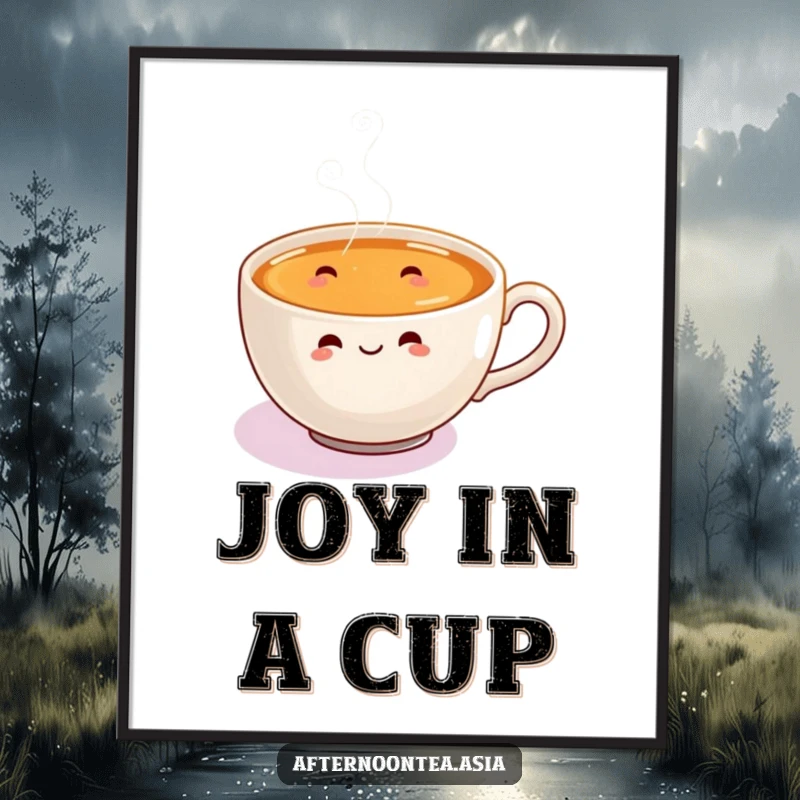 Funny Digital Art Print of a happy steaming chai cup with tiny, joyful steam swirls dancing.