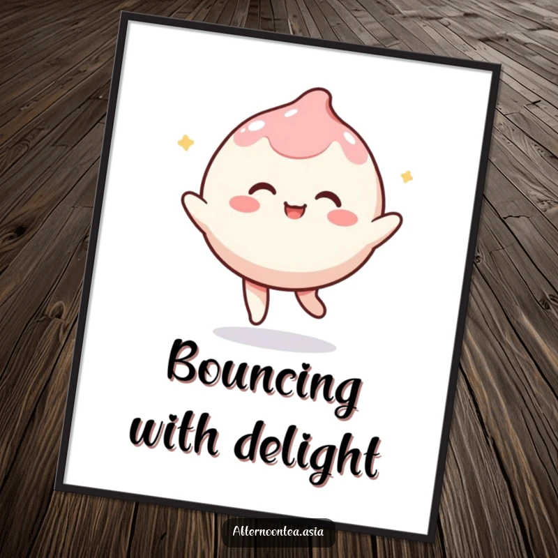 Funny kawaii mochi character playfully bouncing, a downloadable digital art print full of joy, a unique gift.