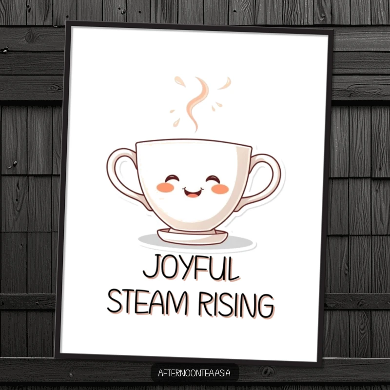 Funny kawaii teacup character steaming with joy, a downloadable digital art print radiating happiness, a unique gift.