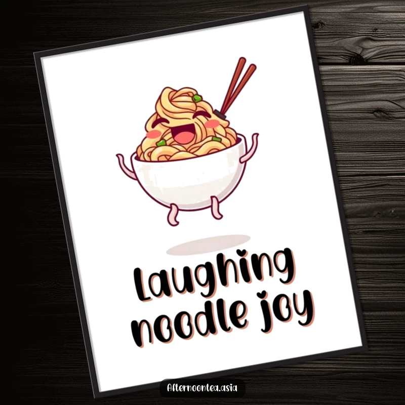 Funny Digital Art Print of a laughing bowl of noodles with wobbly legs doing a silly bounce.