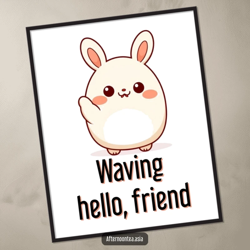 Funny kawaii bao bun character giving a friendly little wave, a downloadable digital art print full of joy, a unique gift.