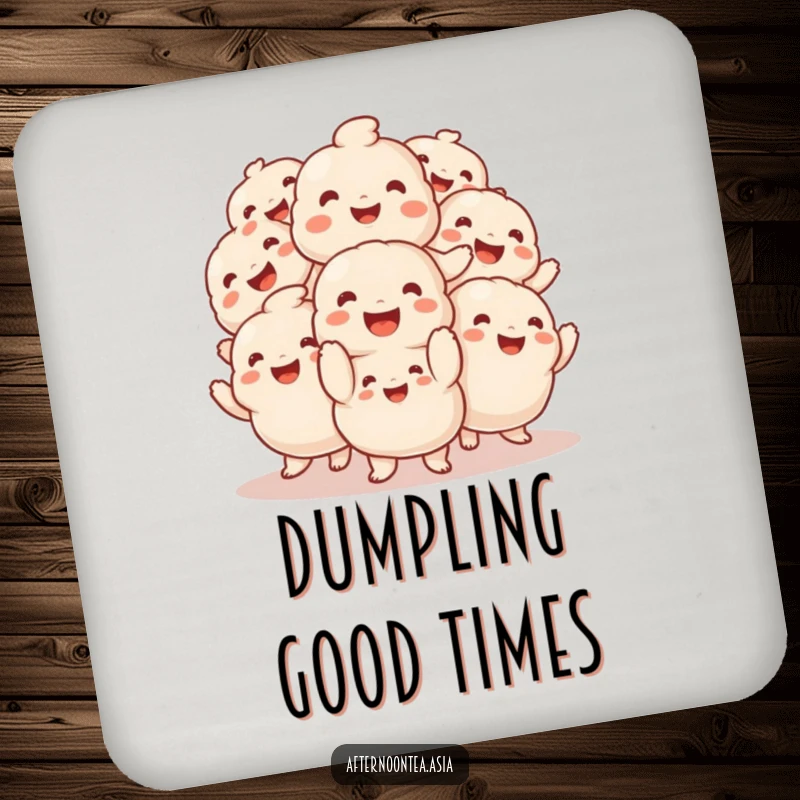 Funny Coasters showing a smiling pile of fluffy dumplings doing a cute and merry jig.