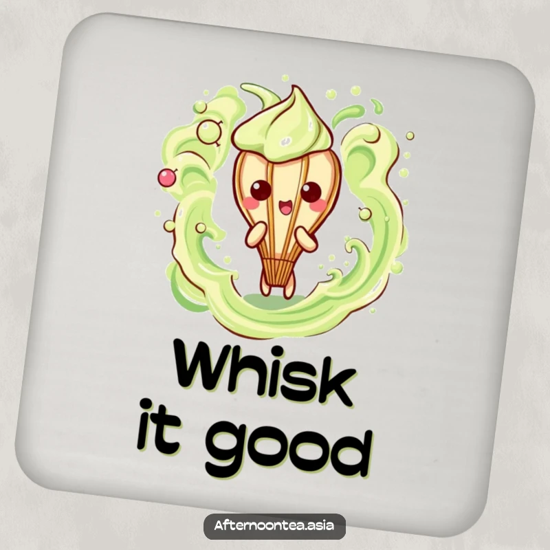 Funny Kawaii Matcha Whisk Coaster: A cute character creating frothy art, perfect for drinks and as a funny gift.