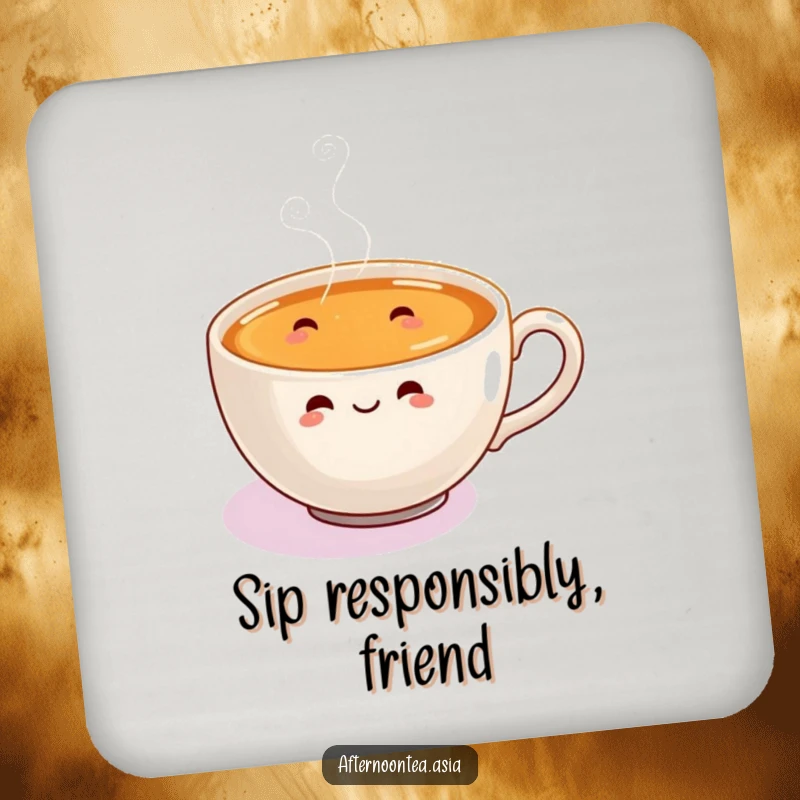 Funny Coasters showcasing a delightful steaming chai cup with tiny, happy steam swirls dancing.