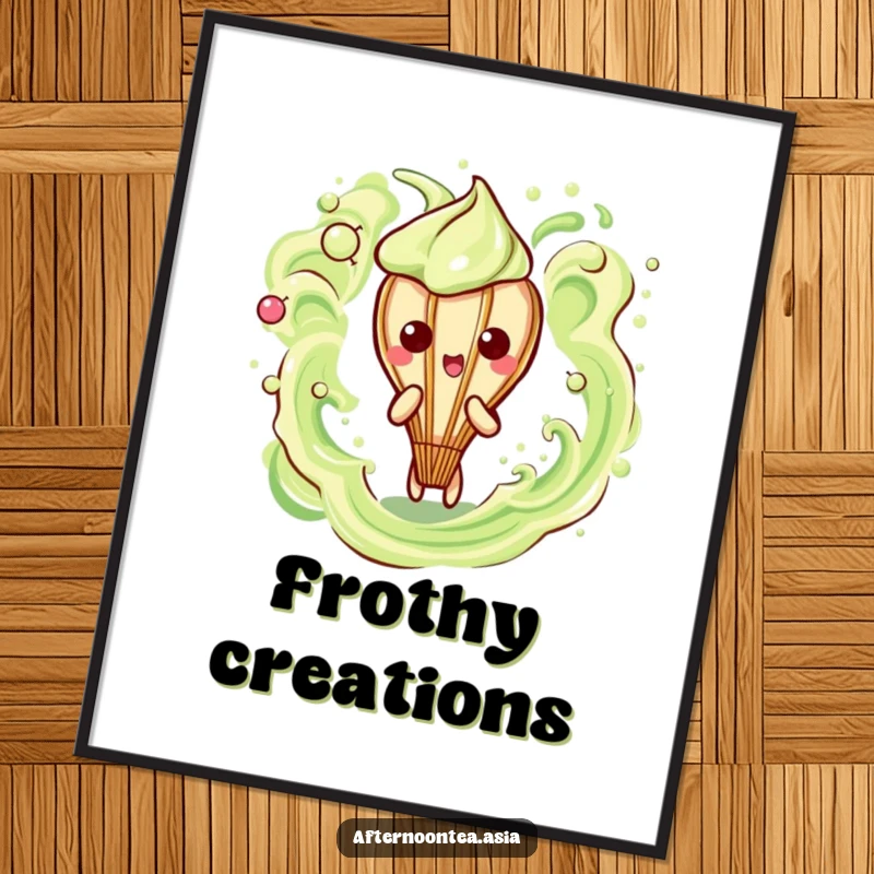 Funny Kawaii Matcha Whisk Poster: A cute character making abstract frothy art, ideal for decor and as a funny gift.