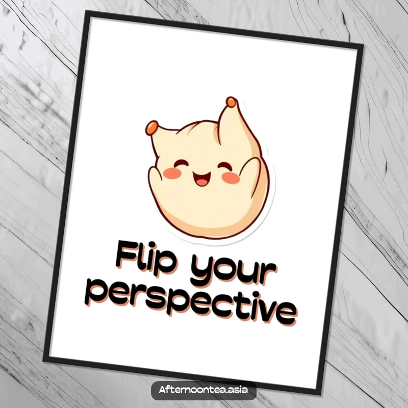 Funny kawaii dumpling character doing a cheerful somersault, a vibrant illustration of pure joy on this wall poster, a gift.