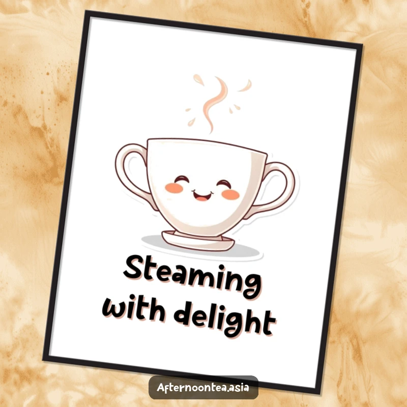 Funny kawaii teacup character steaming with joy, a delightful illustration capturing pure happiness on this wall poster, a gift.