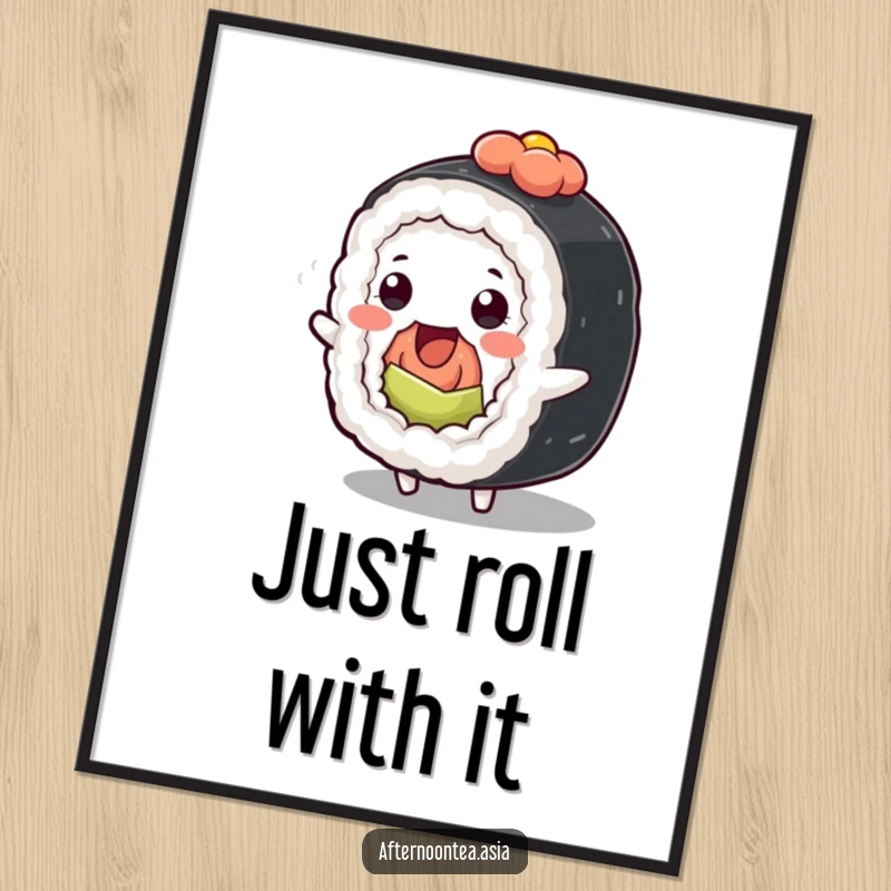 Funny Kawaii Sushi Roll Poster: A cute character wiggling with glee, ideal for wall decor and as a funny gift.
