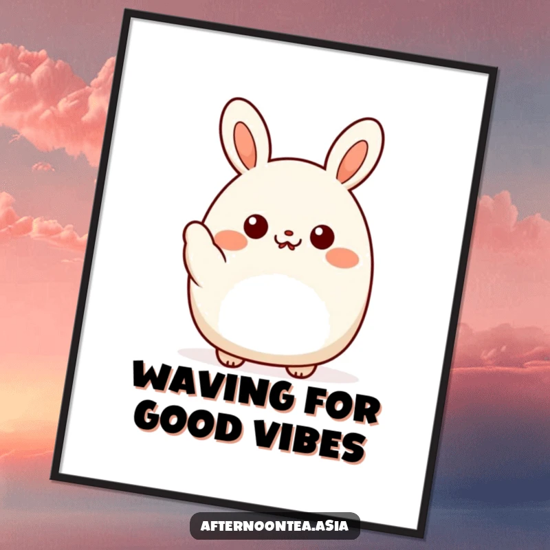 Funny kawaii bao bun character giving a friendly little wave, a charming illustration of happiness on this wall poster, a gift.