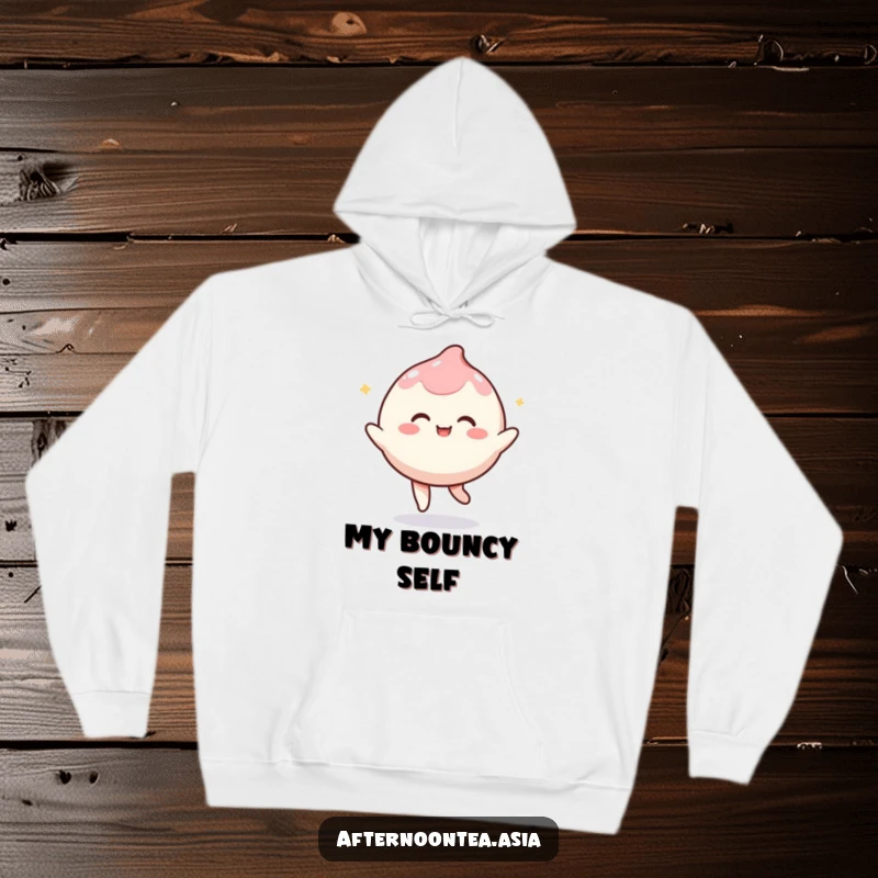Funny kawaii mochi character playfully bouncing, radiating happiness on this soft hoodie, a great gift.