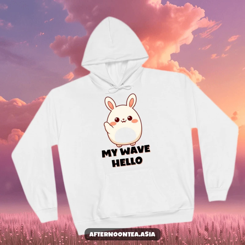 Funny kawaii bao bun character giving a friendly little wave, radiating warmth on this soft hoodie, a great gift.