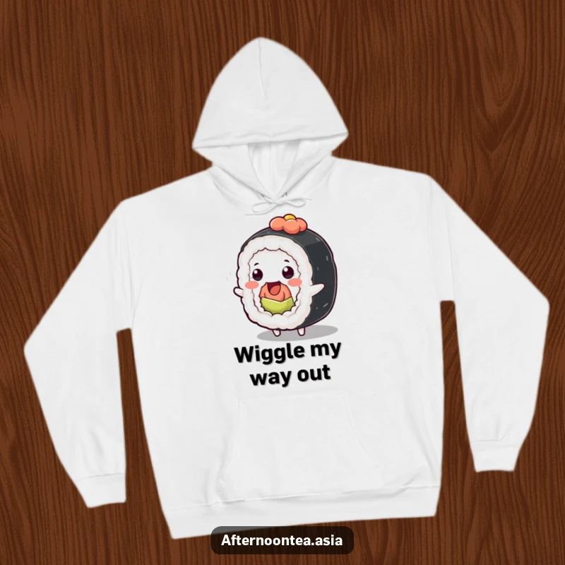 Funny Kawaii Sushi Roll Hoodie: A cute character wiggling adorably, a perfect funny gift for ultimate comfort.