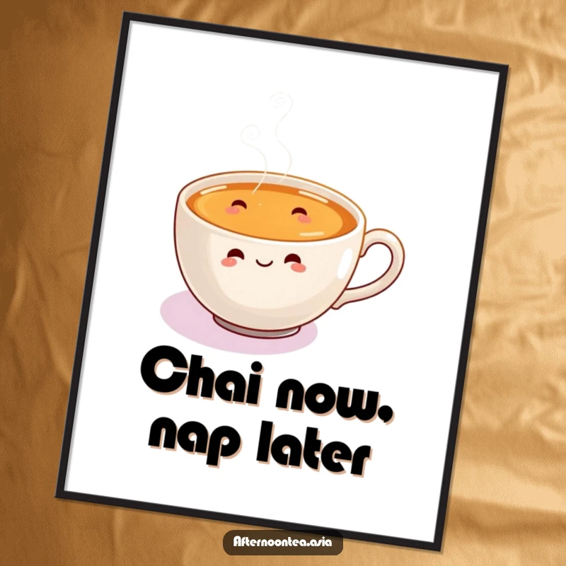 Funny Free Printable Wall Art of a steaming chai cup with happy steam swirls, creating a cozy and humorous atmosphere.