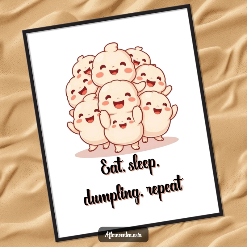 Funny Free Printable Wall Art of a smiling pile of fluffy dumplings caught mid-jig, adding a playful vibe.