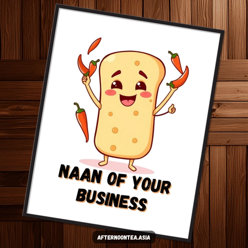 Funny Free Printable Wall Art of a happy naan bread character juggling chili peppers, adding a playful and spicy vibe.