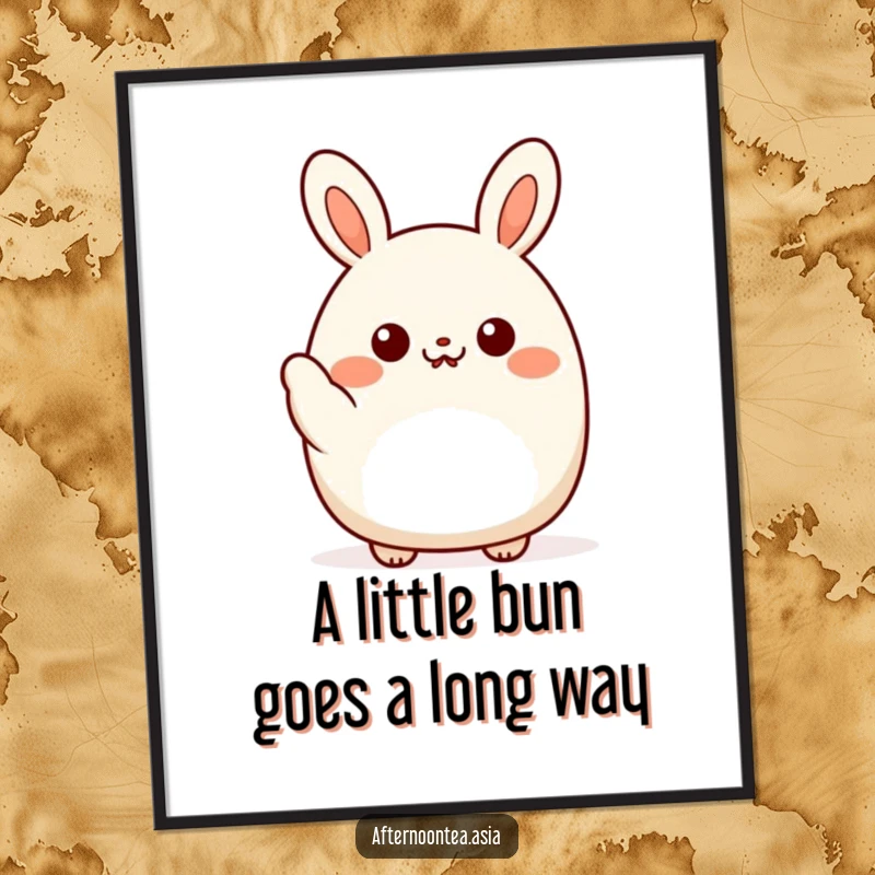 Funny Free Printable Wall Art: Kawaii happy bao bun character giving a friendly wave, a cute and welcoming decor piece.