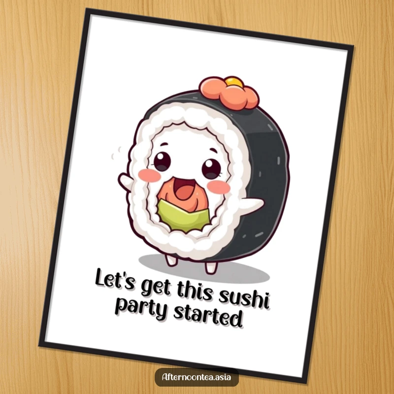 Funny Free Printable Wall Art: Kawaii sushi roll character doing a silly wiggle, bringing playful energy to any room.