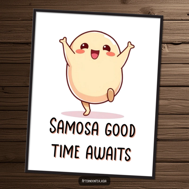 Funny Free Printable Wall Art of a cheerful samosa character captured in a delighted cartwheel, adding a playful vibe.