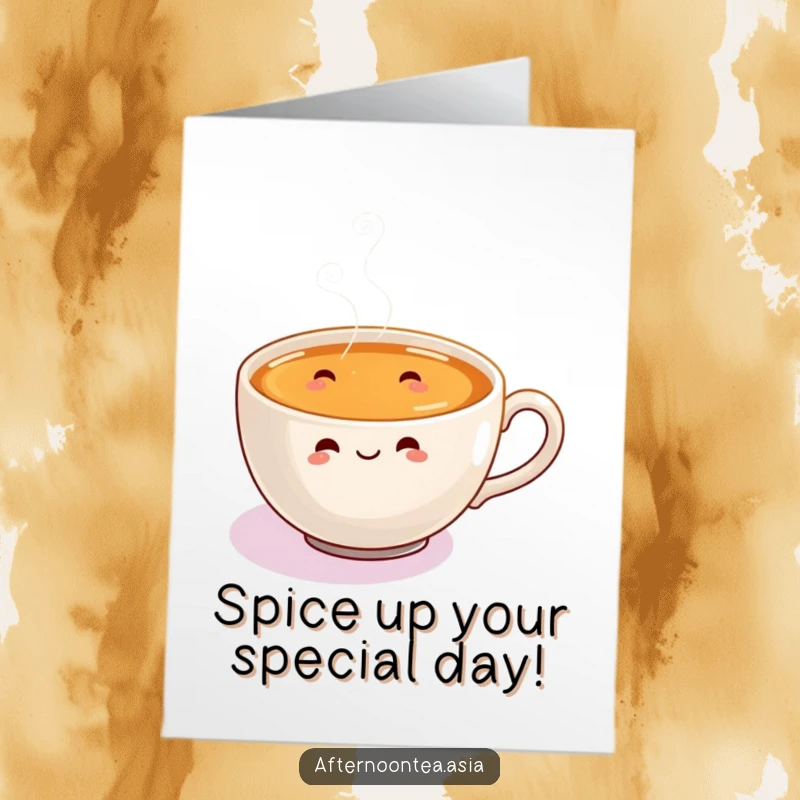 Funny Free Printable Birthday Card featuring a steaming chai cup with dancing steam swirls, spreading joy and warmth.