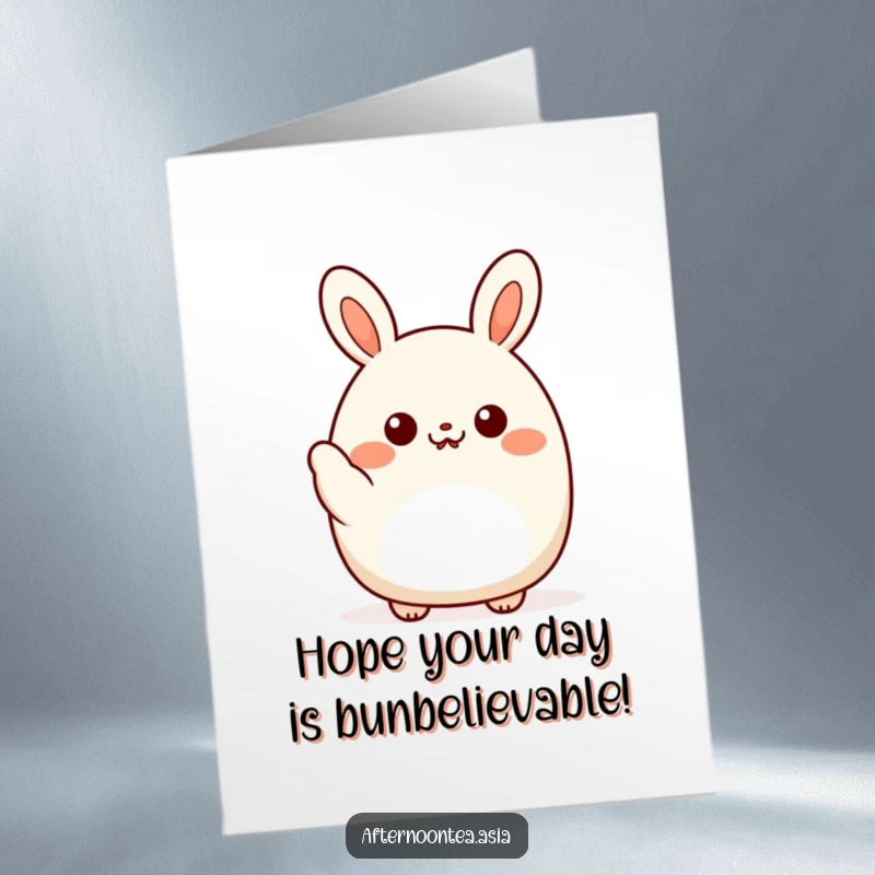 Funny Free Printable Birthday Card: Kawaii happy bao bun character giving a friendly little wave, celebrating a birthday.